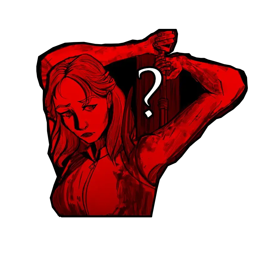 Image of a hooked survivor edited to be red, with a white question mark over it