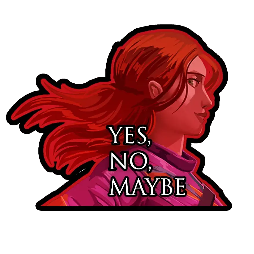 Image of a running survivor edited to be red, with white text saying "yes, no, maybe" over it.